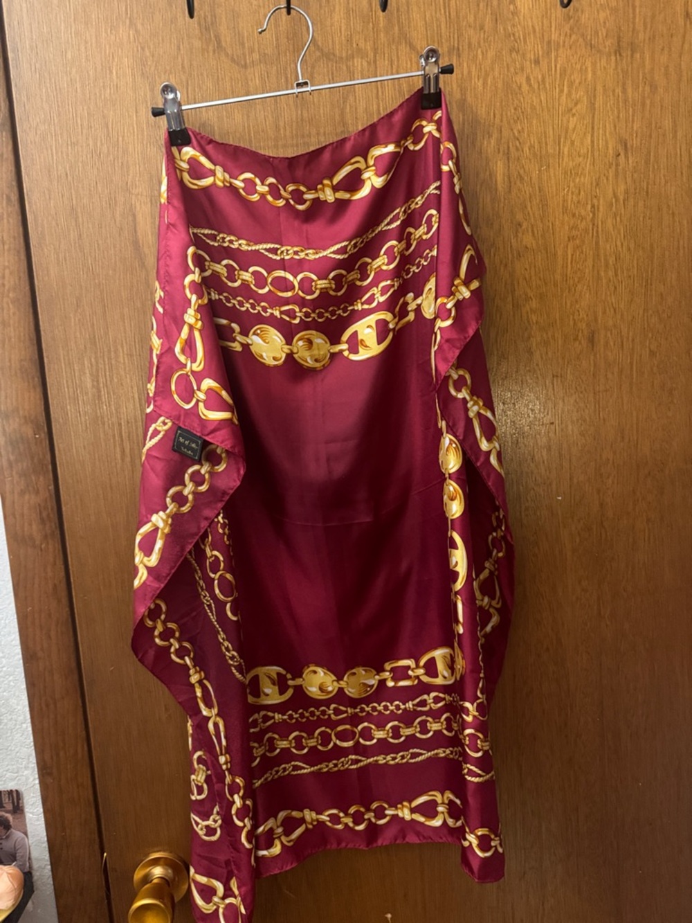 Gold Chain-Print Burgundy Satin Wrap Scarf